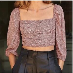 Wilfred Aritzia Floral Crop Top Lolita Blouse Puff Sleeve Smocked Ruched Size XS